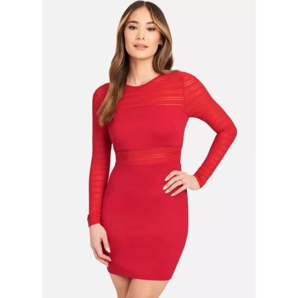 Bebe Red Long Sleeve Mesh Mini Dress Sheer Waist Lined Back Zip Party Large NWT - Picture 1 of 9